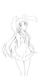 Rule 34 | 1girl, animal ears, aogu, arms behind back, breasts, cleavage, female focus, greyscale, highres, lineart, long hair, monochrome, no bra, rabbit ears, reisen udongein inaba, simple background, skirt, smile, solo, touhou, very long hair, white background