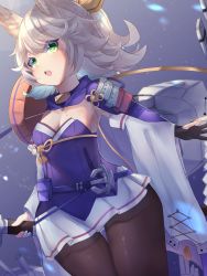Rule 34 | 1girl, animal ears, armor, armpits, azur lane, black pantyhose, blouse, breasts, curly hair, detached sleeves, ebichiri sunday, green eyes, highres, holding, holding sword, holding weapon, japanese armor, katana, kitakaze (azur lane), long sleeves, looking at viewer, medium breasts, miniskirt, mole, mole on breast, open mouth, pantyhose, pleated skirt, sheath, sheathed, shirt, short hair, shoulder armor, silver hair, skirt, sode, solo, standing, sword, weapon, white shirt, wide hips, wide sleeves