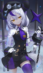 Rule 34 | 1girl, black dress, black hat, chain, closed mouth, commentary request, cowboy shot, cuffs, demon horns, dress, gloves, hair between eyes, hat, hololive, horns, la+ darknesss, long hair, long sleeves, looking at viewer, multicolored hair, necktie, police hat, purple hair, purple necktie, purple thighhighs, riding crop, scottie (phantom2), silver hair, single thighhigh, solo, standing, streaked hair, tail, thighhighs, very long hair, virtual youtuber, white gloves, yellow eyes
