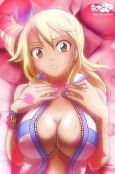 Rule 34 | 1girl, adson, areola slip, blonde hair, breasts, brown eyes, cleavage, collaboration, colorized, earrings, fairy tail, gairon, hair ribbon, heart, heart earrings, jewelry, large breasts, long hair, lucy heartfilia, lying, nail polish, no bra, on back, one side up, pink nails, ribbon, solo, tattoo, unzipped, wristband