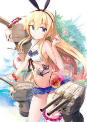 Rule 34 | &gt; &lt;, 10s, 1girl, :d, adapted costume, anchor hair ornament, armpits, bad id, bad pixiv id, bare arms, bare shoulders, bikini, bikini top only, bikini under clothes, black ribbon, blonde hair, blue eyes, blue skirt, blurry, blush, breasts, cannon, closed eyes, collarbone, cowboy shot, depth of field, eyebrows, flower, flower wreath, grin, hair between eyes, hair ornament, hair ribbon, hairband, kantai collection, lifebuoy, long hair, looking at viewer, machinery, microskirt, navel, open mouth, pemu, pink flower, pink rose, pomon illust, rensouhou-chan, ribbon, robot, rose, scrunchie, shimakaze (kancolle), sidelocks, skirt, small breasts, smile, standing, stomach, sunflower, swim ring, swimsuit, teeth, thigh strap, thighs, thong bikini, triangle mouth, turret, very long hair, white bikini, wrist scrunchie