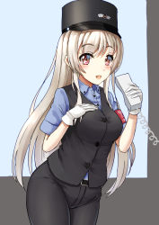 Rule 34 | 1girl, armband, black pants, black vest, commentary request, corded phone, cosplay, employee uniform, female service cap, gloves, hat, id card, isonami (kancolle), isonami (kancolle) (cosplay), kantai collection, kepi, long hair, looking at viewer, mayura (lucadia), military hat, open mouth, pants, phone, red eyes, shoukaku (kancolle), smile, solo, uniform, vest, white gloves, white hair, yokohama seaside line