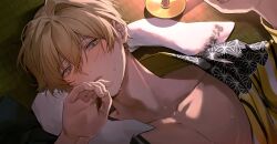 Rule 34 | 1boy, absurdres, blonde hair, blue eyes, blush, collarbone, covering own mouth, ear blush, hair between eyes, hand over own mouth, highres, holostars, kishido temma, looking at viewer, lying, male focus, night, on back, open clothes, parted lips, sexually suggestive, short hair, sidelighting, solo, sweat, towel, towel around neck, upper body, virtual youtuber, wet, wet hair, yonsang (swordmaster)