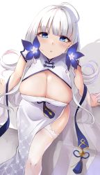 Rule 34 | 1girl, absurdres, ahoge, azur lane, blue eyes, blue flower, blush, breasts, china dress, chinese clothes, cleavage, cleavage cutout, clothing cutout, dress, flower, hair flower, hair ornament, highres, illustrious (azur lane), illustrious (maiden lily&#039;s radiance) (azur lane), large breasts, long hair, looking at viewer, mole, mole under eye, parted lips, shawl, short sleeves, side slit, sitting, skindentation, solo, tassel, thighhighs, tri tails, wee (weeyy), white dress, white hair, white thighhighs