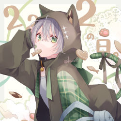 Rule 34 | animal ears, animal hood, arm behind head, arm up, bell, black collar, brown jacket, cat hood, cat tail, checkerboard cookie, collar, commentary request, cookie, fake animal ears, food, food in mouth, green eyes, grey hair, hair between eyes, hood, hood up, hooded jacket, jacket, jingle bell, kuroi (liar-player), long sleeves, mouth hold, neck bell, open clothes, open jacket, original, plaid, puffy long sleeves, puffy sleeves, shirt, sleeves past wrists, tail, white shirt