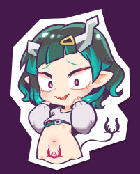 Rule 34 | 1girl, belt, black hair, blue belt, blue hair, chaki (teasets), chest belt, chibi, commentary request, cropped sweater, demon girl, demon horns, demon tail, fang, flat chest, grey sweater, hair ornament, hairclip, heart, highres, horns, long sleeves, looking down, medium hair, multicolored hair, nanashi inc., official alternate costume, open mouth, pointy ears, pubic tattoo, purple background, red eyes, shishio chris, shishio chris (2nd costume), simple background, solo, sugar lyric, sweater, tail, tattoo, two-tone hair, upper body, virtual youtuber