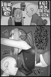 Rule 34 | 1boy, 1girl, 2koma, bald, band shirt, bent over, breasts, collarbone, comic, crop top, crop top overhang, ear piercing, earrings, ekz (robotekz), english text, facial mark, from side, greyscale, heart, heart facial mark, jewelry, large breasts, long hair, merchandise, midriff, monochrome, multicolored hair, navel piercing, original, pants, piercing, ponytail, shirt, speech bubble, two-tone hair