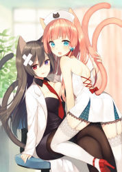 Rule 34 | 2girls, :q, animal ears, black legwear, blue eyes, blush, breast press, breasts, cat ears, cat tail, chair, cleavage, crossed legs, detached collar, fang, forked tail, garter straps, hat, heterochromia, high heels, ichijou kokona, lab coat, lace, lace-trimmed legwear, lace trim, large breasts, long hair, looking at viewer, midorikawa you, multiple girls, multiple tails, necktie, nekomata, nurse cap, office chair, open mouth, orange hair, original, pantyhose, purple eyes, red eyes, revision, sitting, smile, swivel chair, tail, tail grab, thighhighs, tongue, tongue out