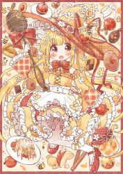 Rule 34 | 1girl, :o, apple, apron, bee, blonde hair, blush, bow, bug, candy, cookie, cross-laced clothes, cross-laced dress, detached collar, dress, flower, food, frilled dress, frilled hat, frills, fruit, hair flower, hair ornament, hat, hat flower, hat ribbon, high heels, highres, holding, holding food, holding wand, honey, honey dipper, insect, jar, large hat, long hair, long sleeves, magical girl, neko satou, off-shoulder dress, off shoulder, open mouth, original, pancake, pantyhose, pie, pie slice, pitcher (container), plate, ribbon, solo, twintails, very long hair, waist apron, wand, witch, witch hat, wrapped candy, yellow eyes