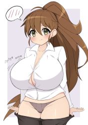 Rule 34 | 1girl, alternate breast size, blush, breasts, brown hair, buttons, cameltoe, highres, huge breasts, jaga334, long hair, panties, ponytail, simple background, smile, solo, standing, taneshima popura, underwear, very long hair, white background, working!!, yellow eyes