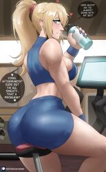 Rule 34 | 1girl, absurdres, ass, bare shoulders, blonde hair, blue eyes, blue nails, blue shorts, blue tank top, blush, bottle, breasts, commentary, echo saber, english commentary, english text, gym, heart, highres, holding, holding bottle, large breasts, long hair, looking at viewer, metroid, midriff, nail polish, nintendo, paid reward available, ponytail, samus aran, short shorts, shorts, sitting, solo, speech bubble, sportswear, sweat, tank top, wristband