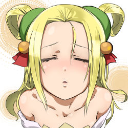 Rule 34 | 1girl, bare shoulders, blonde hair, blush, close-up, closed eyes, dress, hair ornament, highres, imminent kiss, incoming kiss, long hair, meimei (p&amp;d), puckered lips, puzzle &amp; dragons, simple background, solo, strapless, strapless dress, tat (t-55-t)