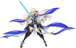 Rule 34 | absurdres, armor, black gloves, blonde hair, cape, counter:side, facing viewer, full body, gloves, highres, hip armor, holding, holding sword, holding weapon, long hair, mors (counter:side), official art, red eyes, skirt, sword, tachi-e, thighhighs, transparent background, weapon