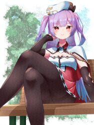 Rule 34 | 1girl, ajax (azur lane), azur lane, bench, beret, black pantyhose, blunt bangs, blush, bow, breasts, capelet, crossed legs, detached sleeves, hand up, hat, hat bow, high-waist skirt, highres, leaf, long hair, looking at viewer, marimo daifuku, on bench, pantyhose, park bench, pleated skirt, purple hair, red eyes, red skirt, sitting, skirt, small breasts, smile, solo, tree, two side up, white capelet, white hat