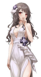Rule 34 | 1girl, bare arms, bare shoulders, breasts, brown hair, choker, cleavage, cowboy shot, dress, flower, hair flower, hair ornament, hand on own face, highres, long hair, looking at viewer, lunacle, medium breasts, open mouth, original, pelvic curtain, purple flower, red eyes, simple background, sleeveless, sleeveless dress, solo, wavy hair, white background, white choker, white dress