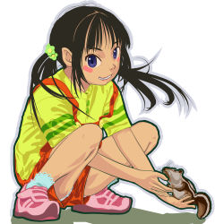 Rule 34 | 1girl, bad id, bad pixiv id, black hair, child, chipmunk, face, fang, grin, hair ornament, long hair, looking at viewer, motoi hiroumi, original, overalls, panties, pantyshot, purple eyes, shoes, smile, sneakers, socks, solo, squatting, squirrel, strap slip, twintails, underwear, upshorts