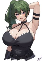 Rule 34 | 1girl, arm behind head, arm strap, armlet, armpits, bare shoulders, belt, black belt, black dress, black gloves, breasts, choker, cleavage, dress, gloves, green hair, hair between eyes, highres, large breasts, long hair, looking at viewer, o-ring, o-ring choker, open mouth, purple eyes, side ponytail, single glove, sleeveless, solo, sousou no frieren, txlyre, ubel (sousou no frieren), white background