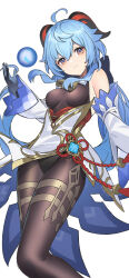 Rule 34 | 1girl, absurdres, ahoge, bare shoulders, bell, black gloves, blue hair, bodystocking, breasts, chinese knot, commentary request, cowbell, detached sleeves, flower knot, ganyu (genshin impact), genshin impact, gloves, goat horns, gold trim, hair between eyes, highres, horns, leotard, leotard under clothes, long hair, looking at viewer, low ponytail, medium breasts, neck bell, pantyhose, purple eyes, qingxin flower, sidelocks, smile, solo, thighlet, vision (genshin impact), white sleeves, yuujin (yuzinn333)