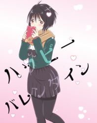 Rule 34 | 1girl, 22/7, black bow, black bowtie, black hair, black pantyhose, black skirt, blush, bow, bowtie, box, brown eyes, covering own mouth, feet out of frame, gabrieltenma77, gift, gift box, gradient background, green shirt, happy valentine, heart, heart background, highres, holding, holding gift, long sleeves, looking at viewer, looking to the side, pantyhose, pink background, pleated skirt, rokubanchou school uniform, sailor collar, school uniform, serafuku, shirt, short hair, skirt, solo, standing, takigawa miu, three quarter view, white sailor collar