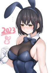 Rule 34 | 1girl, absurdres, alternate costume, animal ears, black hair, blue leotard, bob cut, bow, bowtie, breasts, brown eyes, dated, detached collar, gloves, haguro (kancolle), hair ornament, highres, jiangyou dang, kantai collection, leotard, medium breasts, playboy bunny, rabbit ears, see-through, see-through leotard, shirt, short hair, simple background, solo, traditional bowtie, upper body, white gloves, white shirt, wrist cuffs