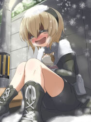 Rule 34 | 1girl, :d, animal, belt, black footwear, black hairband, black shirt, black shorts, blonde hair, blush, boots, breath, capelet, cat, closed eyes, commentary request, feet out of frame, hair between eyes, hairband, happy, highres, holding, holding animal, holding cat, isakuns, jashin-chan dropkick, lamppost, night, no socks, open mouth, outdoors, pekora (jashin-chan dropkick), shirt, short hair, shorts, sitting, smile, snow, snow on head, snowing, solo, utility pole, white belt, white capelet