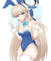 Rule 34 | 1girl, absurdres, animal ears, blonde hair, blue archive, blue eyes, blue hair, blue leotard, blue ribbon, blush, breasts, collar, covered navel, detached collar, fake animal ears, fake tail, hair ribbon, halo, highres, leotard, long hair, looking at viewer, multicolored hair, novabunvt, official alternate costume, playboy bunny, rabbit ears, rabbit tail, ribbon, strapless, strapless leotard, streaked hair, tail, thighhighs, thighs, toki (blue archive), toki (bunny) (blue archive), v, white collar, white thighhighs, white wrist cuffs, wrist cuffs