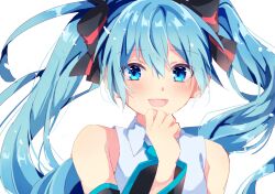 Rule 34 | 1girl, :d, bare shoulders, black bow, black sleeves, blue eyes, blue hair, blue necktie, blush, bow, breasts, collared shirt, commentary, detached sleeves, hair between eyes, hair bow, hatsune miku, highres, long hair, long sleeves, looking at viewer, necktie, open mouth, shirt, simple background, sleeveless, sleeveless shirt, small breasts, smile, solo, striped, striped bow, twintails, upper body, vocaloid, white background, white shirt, wide sleeves, yuruno