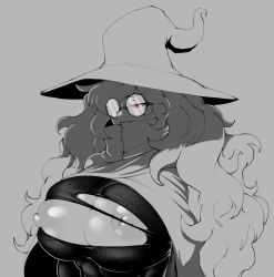 Rule 34 | 1girl, absurdres, big hair, black bodysuit, bodysuit, breasts, cape, covered mouth, creatures (company), eigaka, from side, game freak, glasses, grey background, greyscale, half-closed eye, hat, hex maniac (pokemon), high collar, highres, large breasts, long hair, looking away, messy hair, monochrome, nintendo, nipples, npc trainer, opaque glasses, partially opaque glasses, pokemon, pokemon rse, red eyes, rimless eyewear, ringed eyes, round eyewear, simple background, skin tight, solo, torn bodysuit, torn clothes, upper body, witch hat