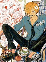Rule 34 | 1boy, :d, apple, black pants, blonde hair, blue eyes, blue shirt, chair, cup, curly eyebrows, facial hair, flower, flower in pocket, food, fruit, hair flower, hair ornament, hair over one eye, happy birthday, highres, makenevemoiine, male focus, necktie, one piece, open mouth, pants, photo (object), red-leg zeff, sanji (one piece), shirt, short hair, sitting, sleeves rolled up, smile, smoking, solo, teacup, vinsmoke sora, watch, wristwatch