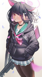 Rule 34 | 1girl, absurdres, animal ears, azuma (sospower73), black choker, black hair, black jacket, black pantyhose, blue archive, blush, cat ears, choker, colored inner hair, extra ears, halo, hands in pockets, highres, hood, hooded jacket, jacket, kazusa (blue archive), looking at viewer, multicolored hair, neckerchief, pantyhose, pink eyes, pink hair, pink neckerchief, pleated skirt, skirt, solo, two-tone hair