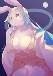 Rule 34 | 1girl, :3, absurdres, animal nose, artist name, backlighting, blue hair, blue sky, blush, body fur, breasts, cleavage, closed mouth, curvy, eating, female focus, food, forehead, full moon, furry, furry female, gradient sky, groin, haguromo, hand up, happy, highres, holding, holding food, huge breasts, japanese clothes, kimono, large breasts, leaning forward, light blush, long hair, long sleeves, looking at viewer, mochi, moon, night, no panties, obi, orange eyes, orange kimono, original, outdoors, plump, rabbit ears, rabbit girl, sash, sidelocks, signature, sky, smile, solo, star (sky), thick thighs, thighs, ukenya, white fur, wide hips, wide sleeves