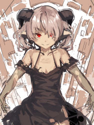 Rule 34 | 1girl, bare shoulders, black dress, brown hair, closed mouth, collarbone, demon horns, dress, hair ornament, halterneck, horns, long hair, looking at viewer, off-shoulder dress, off shoulder, original, outstretched arms, pointy ears, red eyes, smile, solo, v-shaped eyebrows, yuuji (yukimimi)