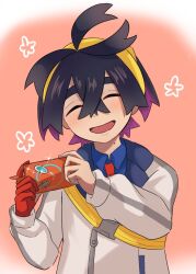 Rule 34 | 1boy, :d, ahoge, aritsune01, black hair, blue shirt, blush, closed eyes, collared shirt, colored inner hair, commentary request, creatures (company), crossed bangs, flower (symbol), game freak, gen 4 pokemon, gloves, hair between eyes, hairband, holding, holding phone, jacket, kieran (pokemon), male focus, mole, mole on neck, multicolored hair, necktie, nintendo, open mouth, phone, pink background, pokemon, pokemon sv, red necktie, rotom, rotom phone, shirt, single glove, smile, solo, strap, upper body, white jacket, yellow hairband, zipper pull tab