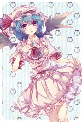 Rule 34 | 1girl, bad id, bad pixiv id, bat wings, blue hair, brooch, clothes lift, dress, dress lift, ginzuki ringo, hat, hat ribbon, highres, jewelry, looking at viewer, mob cap, nail polish, pink dress, pink eyes, pink nails, puffy sleeves, remilia scarlet, ribbon, sash, short hair, short sleeves, smile, solo, striped, striped background, touhou, wings, wrist cuffs