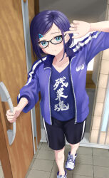Rule 34 | 1girl, a-chan (3rd costume) (hololive), a-chan (hololive), a-chan (off-work) (hololive), black-framed eyewear, black shorts, blue eyes, blue hair, blue jacket, blue shirt, glasses, highres, hololive, jacket, looking at viewer, official alternate costume, open clothes, open jacket, shirt, shoes, short hair, shorts, solo, track jacket, triangle hair ornament, virtual youtuber, white footwear, yoshiki 3821