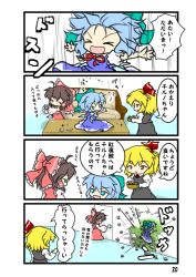 Rule 34 | &gt; &lt;, 3girls, 4koma, black dress, black hair, blonde hair, blue dress, blue eyes, blue hair, bow, cirno, comic, detached sleeves, dress, drinking, embodiment of scarlet devil, closed eyes, fairy, hair bow, hair ornament, hakurei reimu, hole, japanese clothes, miko, multiple girls, partially translated, red eyes, red star (toranecomet), ribbon, rumia, short hair, tea, touhou, translation request, wings