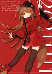 Rule 34 | 1girl, :q, animal ears, black thighhighs, brown hair, coat, double fox shadow puppet, english text, feet out of frame, food, fox ears, fox girl, fox shadow puppet, fox tail, hat, highres, long hair, long sleeves, original, pocky, pocky day, red coat, ryura (negi-mamire), shoes, smile, sneakers, tail, thighhighs, tongue, tongue out, very long hair, wide sleeves