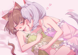 Rule 34 | 2girls, animal ear fluff, animal ears, bang dream!, bite mark, bite mark on neck, bite mark on shoulder, biting, blue bow, blue camisole, blush, bow, braid, breasts, brown hair, camisole, cat ears, cat girl, cat tail, closed eyes, commentary request, dog ears, dog girl, dog tail, fang, hair bow, hand on another&#039;s head, hand under clothes, highres, kemonomimi mode, long hair, medium breasts, meu203, multiple girls, neck biting, open mouth, pink camisole, short hair, skin fang, tail, wakamiya eve, white hair, yamato maya, yuri