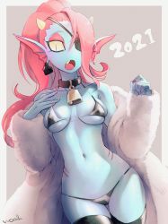 Rule 34 | 1girl, 2021, artist name, bell, bikini, black bikini, black collar, black thighhighs, blue skin, breasts, brown background, collar, colored sclera, colored skin, eyepatch, fingernails, fins, grey background, hair between eyes, head fins, highres, long hair, looking at viewer, medium breasts, nail polish, navel, neck bell, noah (tettsui-sole), open mouth, pink hair, red nails, solo, swimsuit, thighhighs, two-tone background, undertale, undyne, yellow sclera