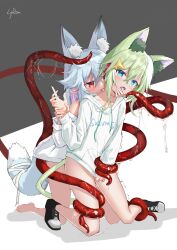 2girls :p absurdres animal_ear_fluff animal_ears ankle_grab assertive_female bare_legs barefoot blue_eyes blue_hair cat_ears cat_girl cat_tail colored_inner_hair fang finger_in_another&#039;s_mouth fox_ears fox_girl fox_tail full_body highres holding_another&#039;s_wrist hood hood_down hoodie hoodie_tug kneeling licking licking_another&#039;s_neck long_sleeves lyran multicolored_hair multiple_girls no_pants original pointy_ears purple_hair pussy_juice red_eyes short_hair slimy sweat tail tears tentacles thigh_grab tongue tongue_out twitching white_hoodie yuri