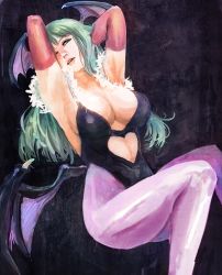 Rule 34 | 1girl, armpits, breasts, cleavage, clothing cutout, demon wings, elbow gloves, female focus, gloves, green hair, head wings, heart, heart cutout, highleg, highleg leotard, large breasts, leotard, long hair, morrigan aensland, pantyhose, parted lips, pericocco, purple pantyhose, simple background, solo, vampire (game), wings