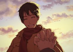 Rule 34 | 1boy, ^ ^, black hair, close-up, closed eyes, cloud, cloudy sky, coat, commentary request, day, fingernails, happy, holding hands, interlocked fingers, katsuki yuuri, male focus, outdoors, pov, pov hands, scarf, short hair, sky, smile, solo focus, sunlight, upper body, winter clothes, yuri!!! on ice