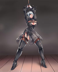 Rule 34 | 1girl, bdsm, bondage, bound, breasts, cleavage, dress, female focus, full body, indoors, large breasts, nier (series), nier:automata, restrained, shinkaui, solo, standing, thighhighs, 2b (nier:automata)