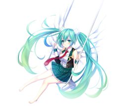 Rule 34 | 1girl, bad id, bad twitter id, barefoot, blush, full body, green eyes, green hair, hatsune miku, highres, long hair, looking at viewer, necktie, simple background, sitting, smile, solo, swing, swinging, tonee, twintails, very long hair, vocaloid, white background, wings, wrist cuffs