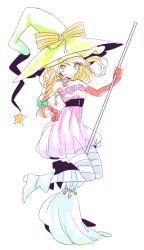 Rule 34 | 1girl, blonde hair, braid, broom, gloves, hand on own hip, hat, hinabu, kirisame marisa, long hair, looking at viewer, pantyhose, simple background, solo, star (symbol), striped clothes, striped pantyhose, touhou, white background, witch hat
