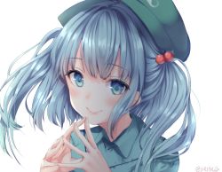 Rule 34 | 1girl, artist name, bad id, bad pixiv id, blue eyes, blue hair, blue shirt, blush, cabbie hat, commentary request, green hat, hair bobbles, hair ornament, hands up, hat, kawashiro nitori, long hair, looking at viewer, shiromoru (yozakura rety), shirt, simple background, smile, solo, steepled fingers, touhou, twitter username, two side up, white background, wing collar