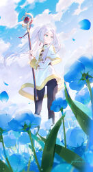 Rule 34 | 1girl, black pantyhose, capelet, cloud, dress, earrings, elf, flower, frieren, gomzi, green eyes, jewelry, long sleeves, pantyhose, petals, pointy ears, solo, sousou no frieren, staff, thick eyebrows, twintails, watermark, white capelet, white dress, white hair