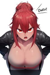Rule 34 | 1girl, absurdres, black thighhighs, breasts, character request, cleavage, copyright request, hair between eyes, highres, in (ain), jacket, large breasts, looking at viewer, mole, mole on breast, mole under eye, open clothes, open jacket, open mouth, pointy ears, ponytail, red eyes, red hair, sidelocks, simple background, solo, thighhighs, tongue, white background