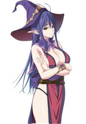 Rule 34 | 1girl, belt, blue hair, bracelet, breasts, brown eyes, cleavage, cowboy shot, crossed arms, dress, dungeon of regalias: haitoku no miyako ishgalia, hat, jewelry, large breasts, long hair, looking at viewer, m&amp;m, panties, pelvic curtain, pointy ears, side slit, smile, solo, transparent background, underwear, witch hat