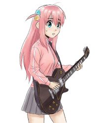 Rule 34 | 1girl, blue eyes, bocchi the rock!, breasts, gotoh hitori, grey skirt, guitar, gym uniform, hair ornament, hairclip, instrument, jacket, long hair, looking at viewer, medium breasts, miniskirt, pink hair, pink jacket, rudy mora, skirt, solo, standing, straight hair, sweat, thighs, twitter, white background